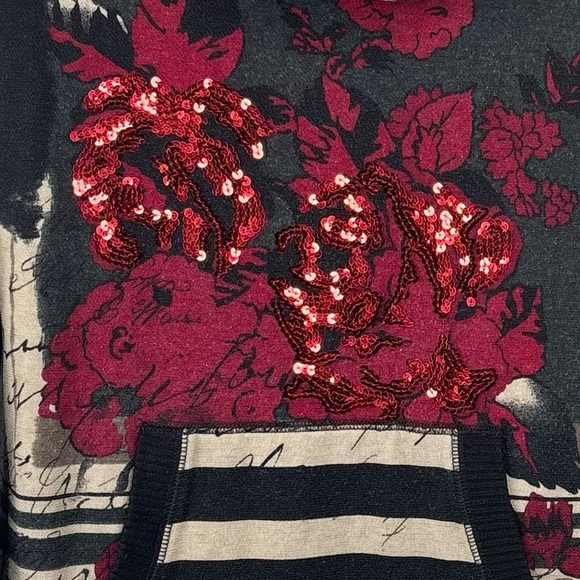 VTG 90’s Joseph Ribkoff Striped Cowl Neck Hooded Floral Sequin Print Hoodie 10 - Picture 3 of 8